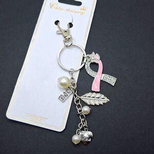 Silver breast cancer awareness ribbon feather pearl heart angel charm keyc…